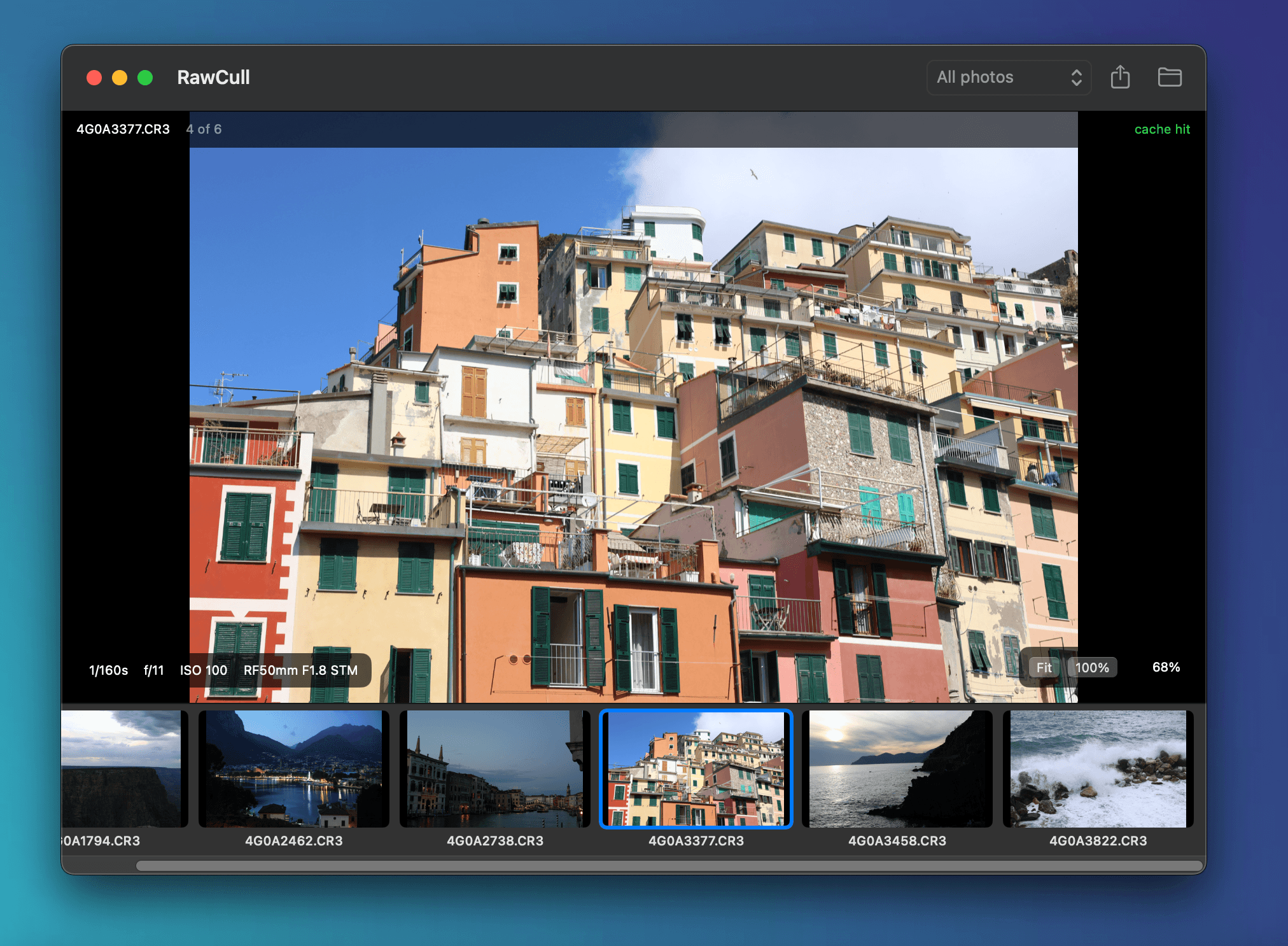 RawCull viewing a RAW photograph with the thumbnail filmstrip below